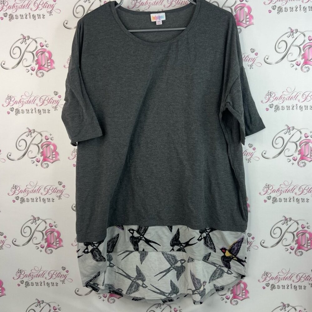 LuLaRoe top high low birds two tone grey Charcoal and White Short Sleeve Top